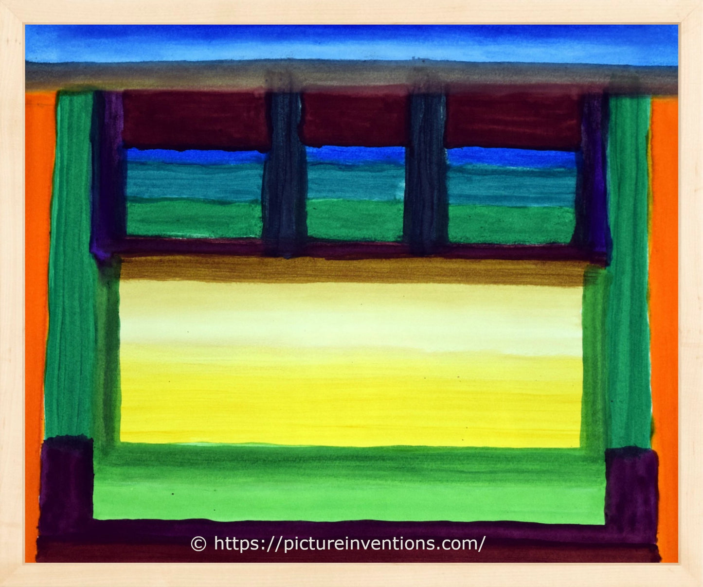 Colorful abstract painting with geometric shapes resembling a window looking out on a landscape. Colors range from dark blues and brown, vibrant orange and yellow, and shades of green.
