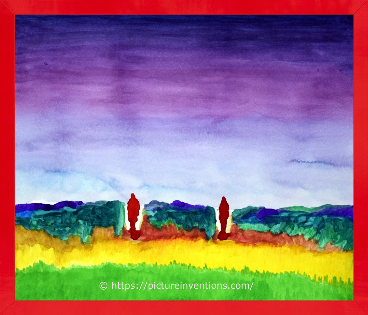 Colorful landscape painting with two red figures and a blue sky, framed in red.