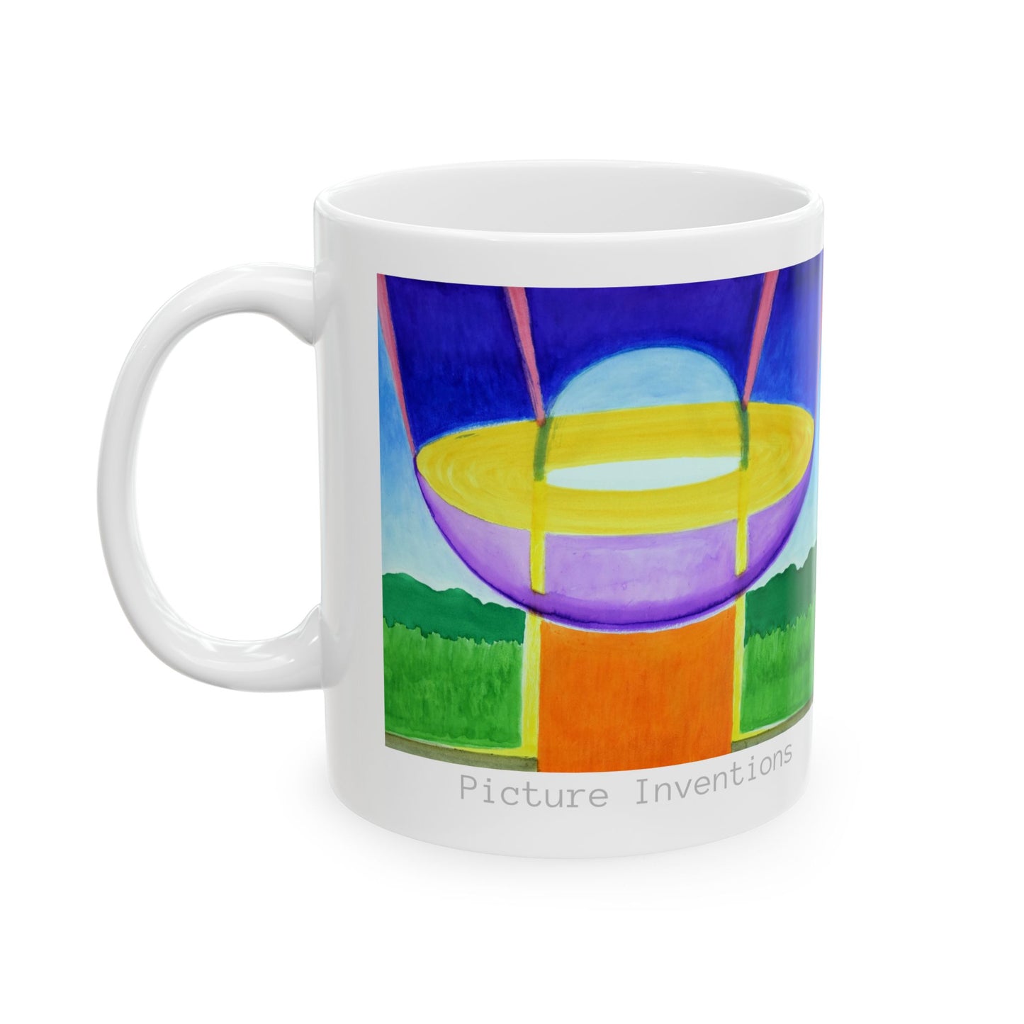 A white ceramic mug with a colorful abstract painting of a UFO on it, featuring purple, yellow, and green hues with a blue sky-like background.