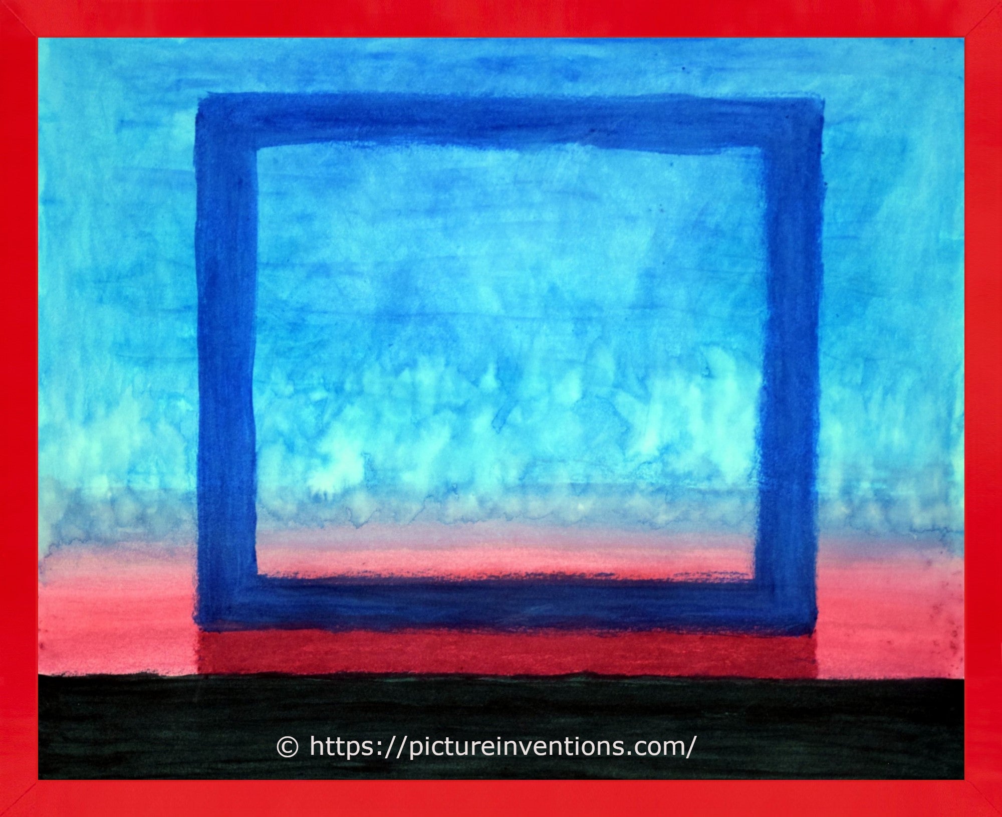 Abstract art with a blue square on a red and blue background.