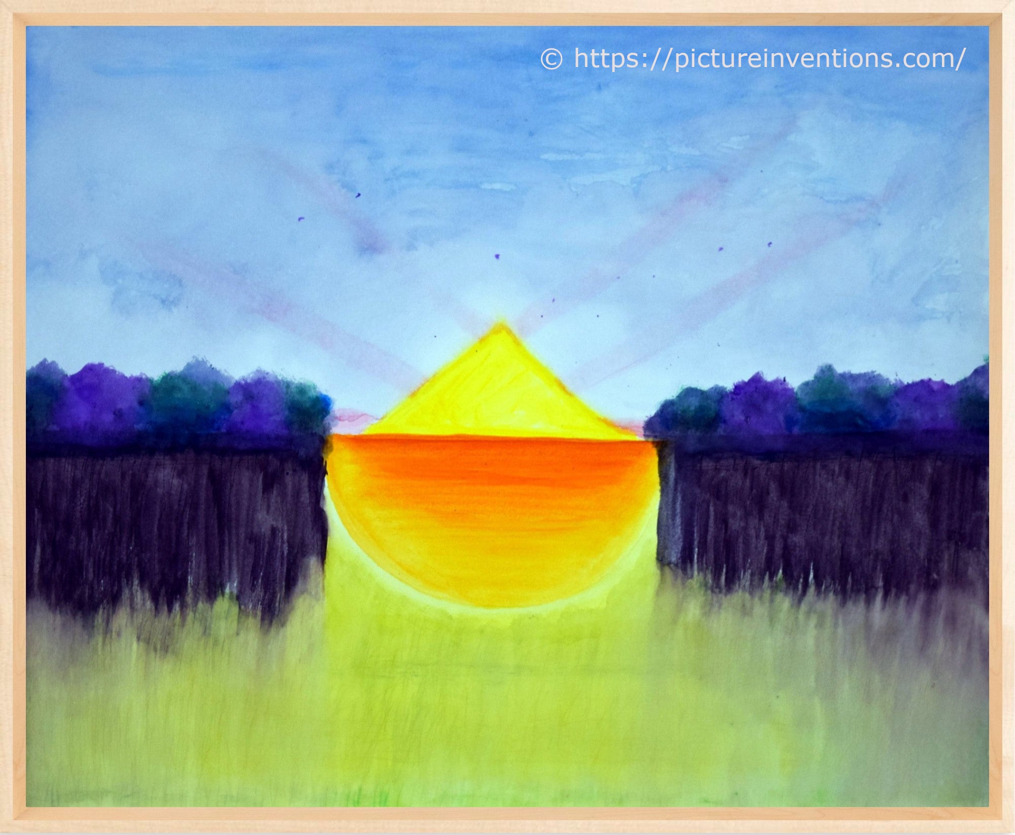 Colorful abstract painting with a yellow triangle in the center, framed by a blue sky and purple trees.