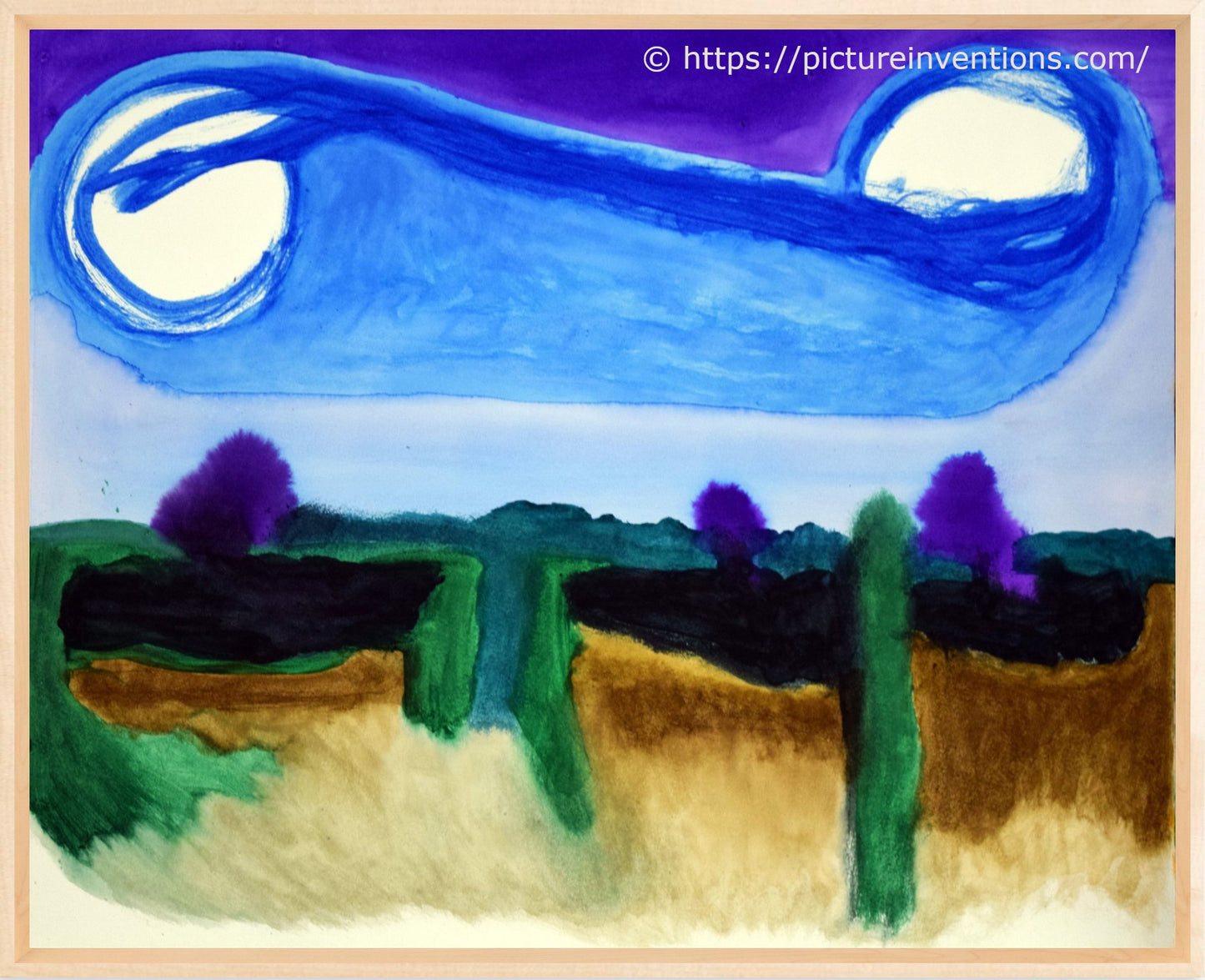 An abstract landscape watercolor painting with indigo blue shades in the trees and an earth toned foreground under moon and clouds.