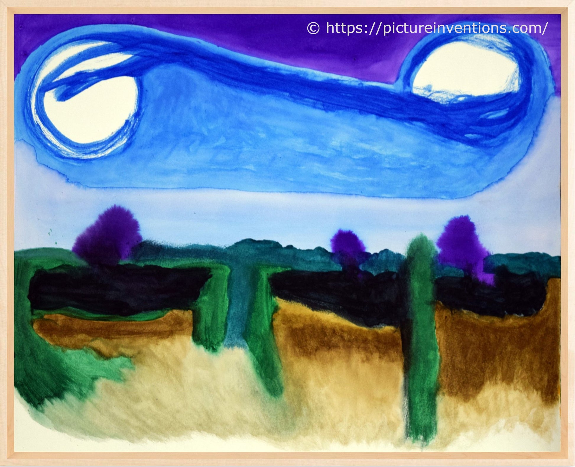 An abstract landscape watercolor painting with indigo blue shades in the trees and an earth toned foreground under moon and clouds.