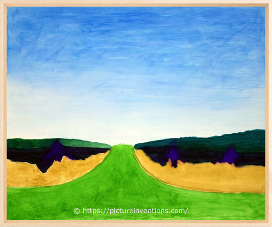 A green field disappearing between two dark hills. Watercolor effects show up in a high contrast tree line.