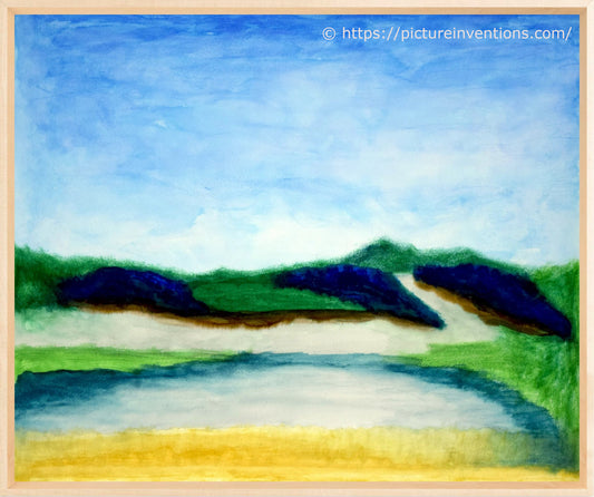 An abstract landscape watercolor painting showing the reflection of sky in water with orange-yellow in the foreground.