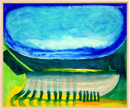 Abstract landscape in blue, green, and yellow.