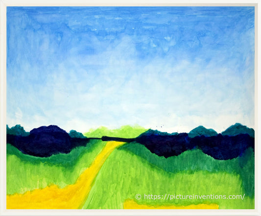 A watercolor painting of a yellow path through a light green field between dark blue hills under a bright sky.