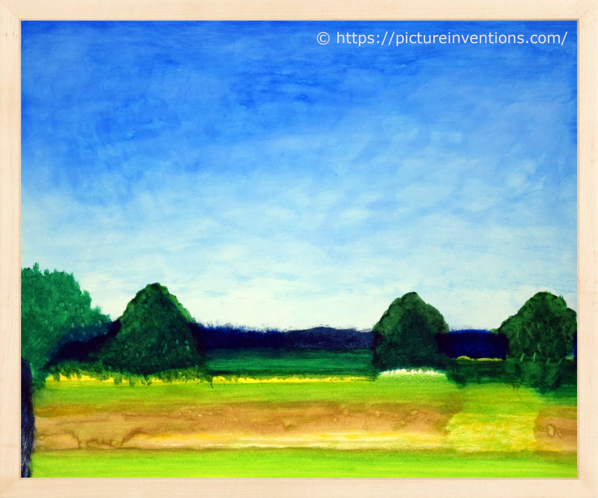 Painting of a landscape with trees and a field, sourced from pictureinventions.com