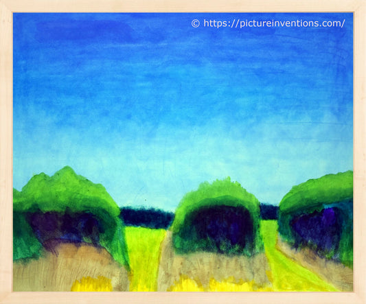 A watercolor print of flowing green fields, soaring tree canopies, and deep blue shadows.