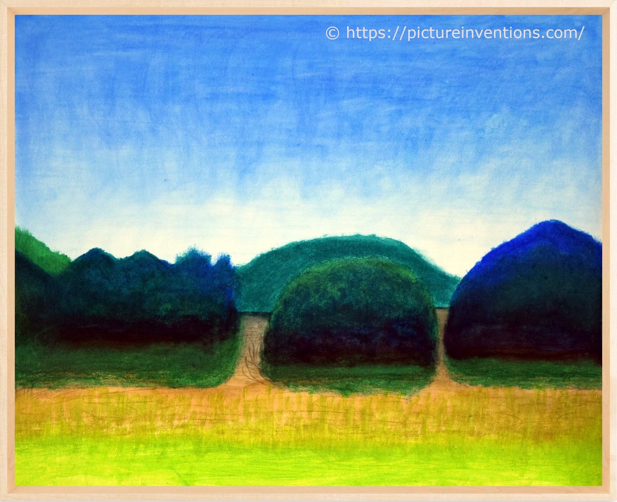 Artistic depiction of a landscape with green hills and blue sky.
