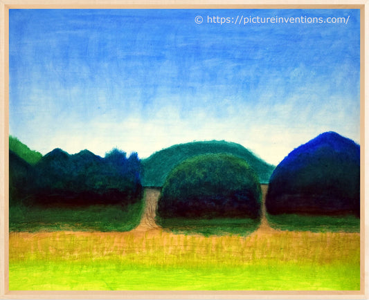Artistic depiction of a landscape with green hills and blue sky.