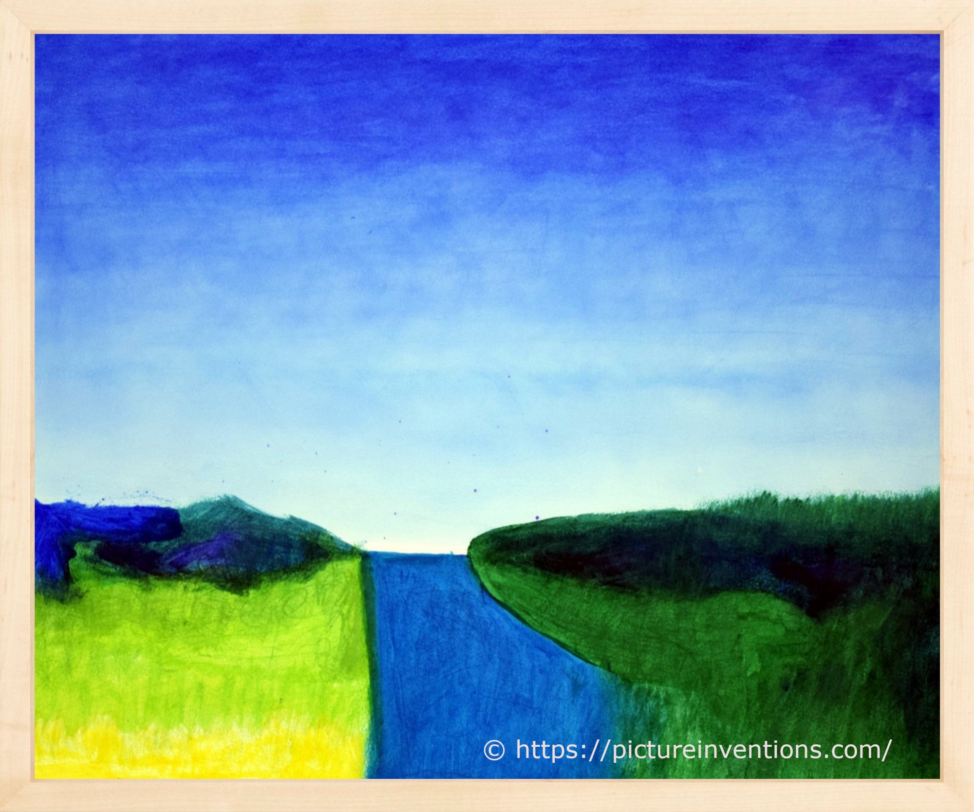 Artistic depiction of a landscape with green fields and a blue sky. Land masses resemble dolphins.