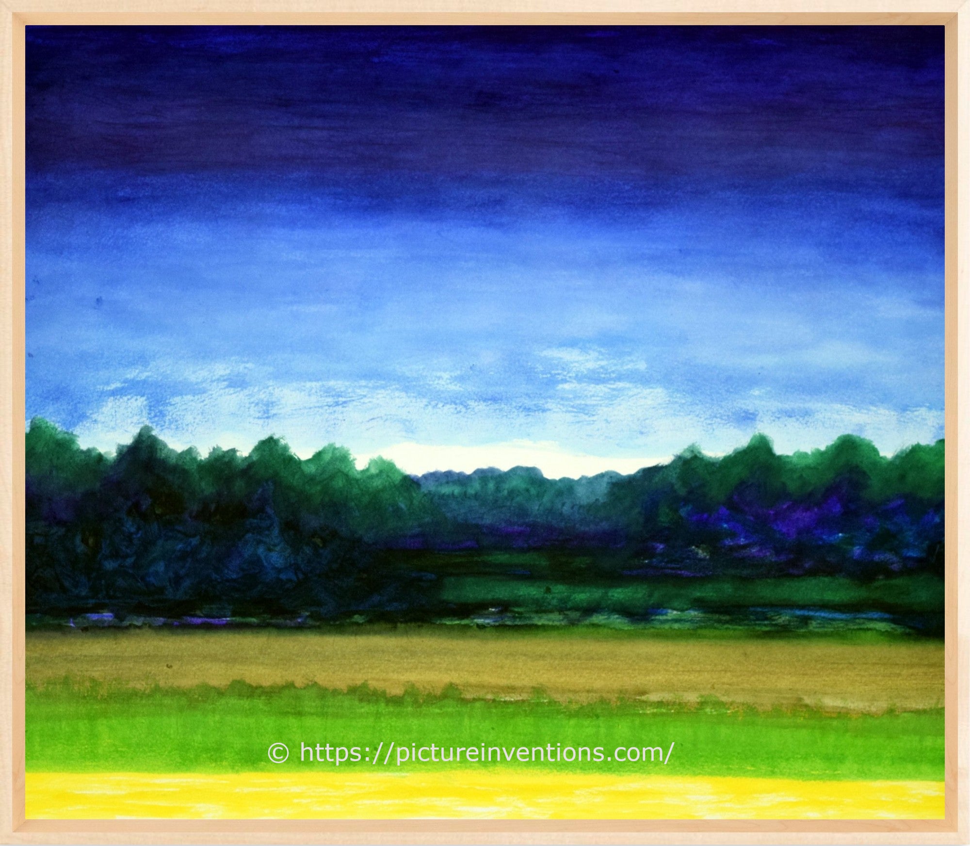 A watercolor painting of a forest against a clouded sky.