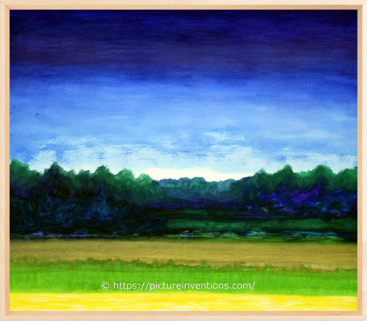 A watercolor painting of a forest against a clouded sky.