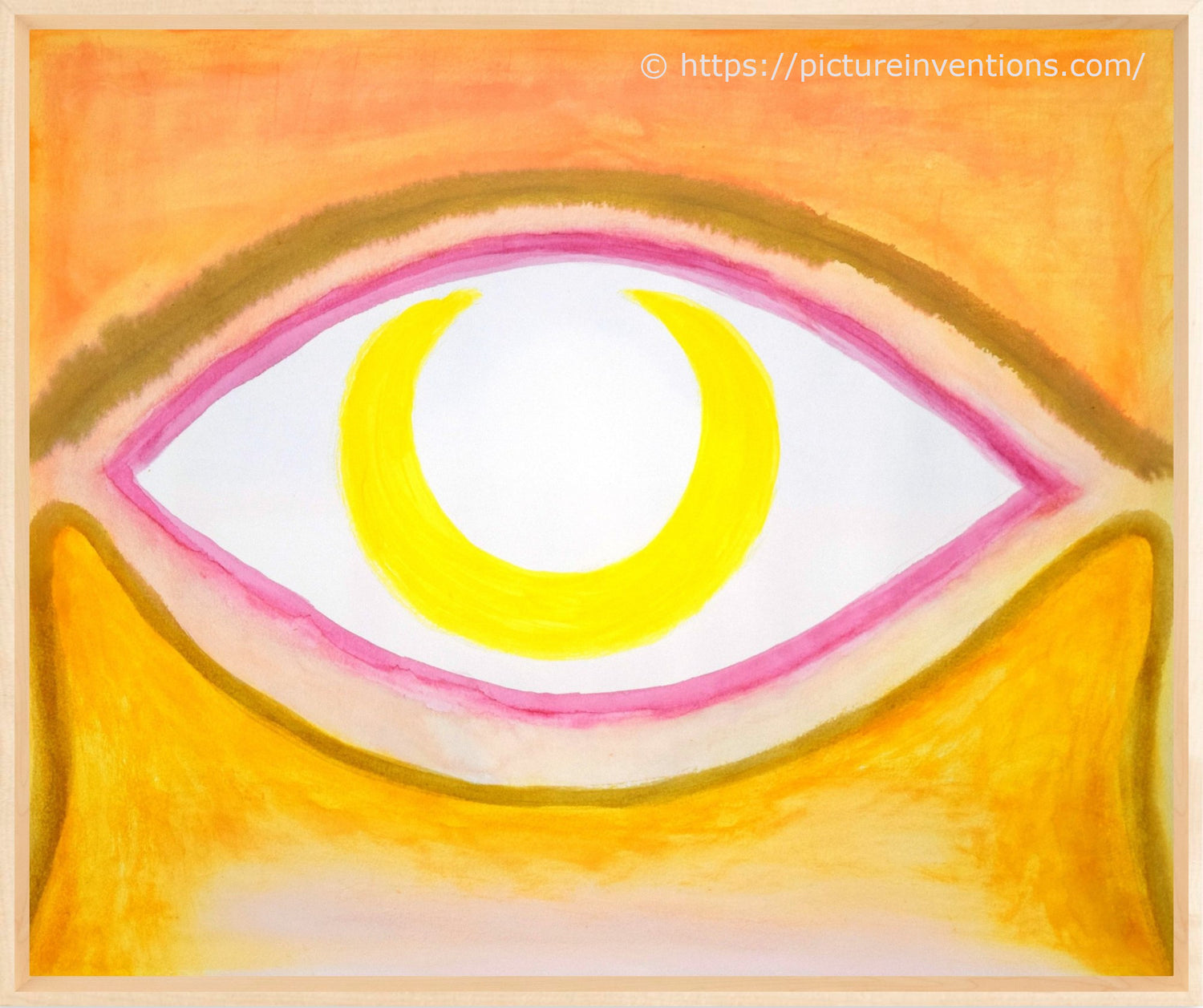 Abstract artwork of a stylized eye with a yellow center on an orange background gazing over the ears of a pet.