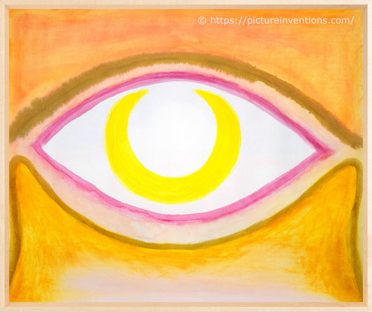Abstract artwork of a stylized eye with a yellow center on an orange background gazing over the ears of a pet.