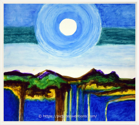 Artistic depiction of a landscape with a large moon in the sky.