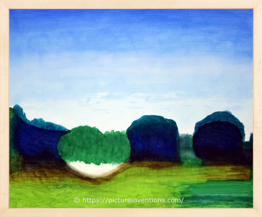 Abstract watercolor painting of a landscape with dark blue shadows and a heart shape emerging from the trees.