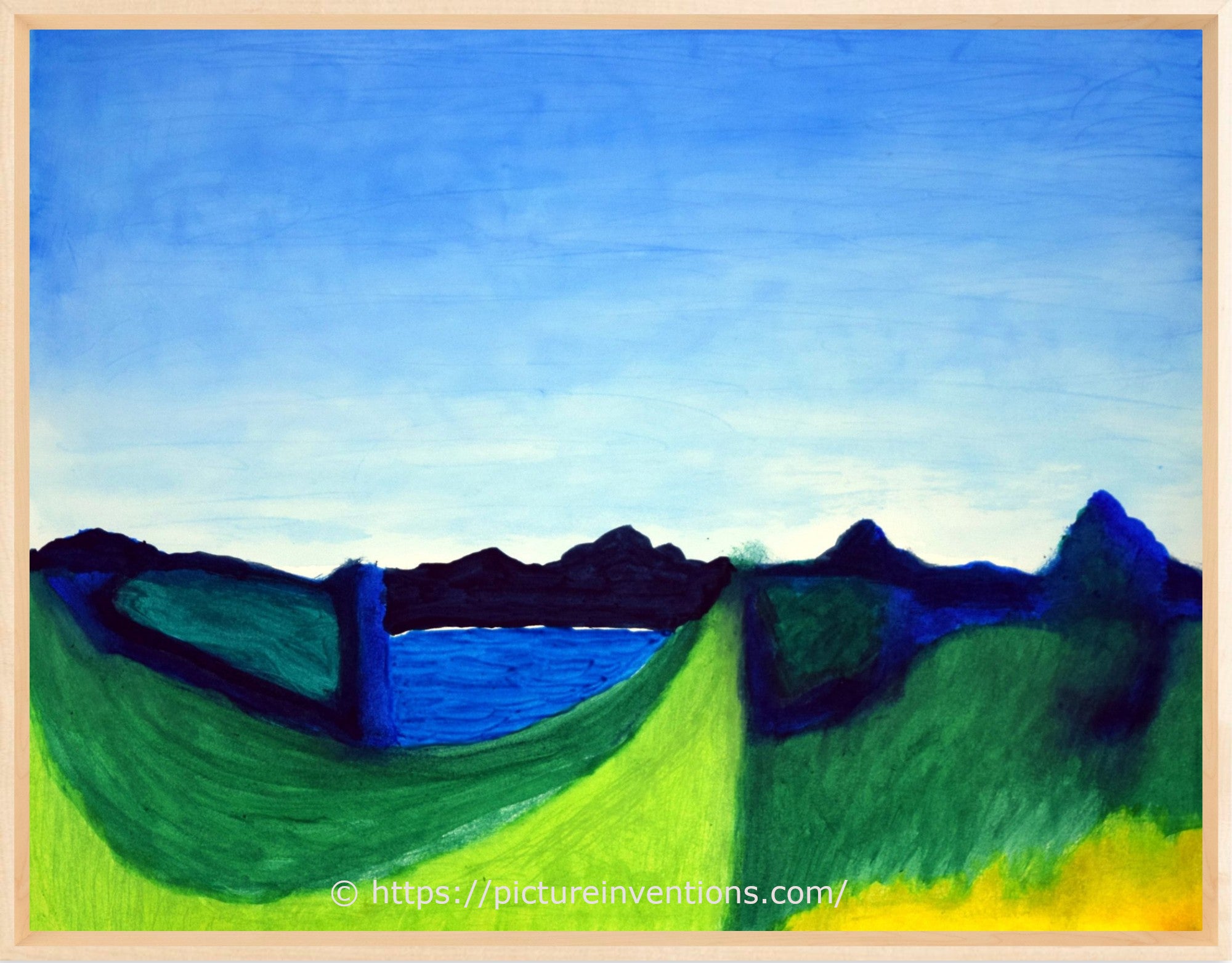 Painting of a landscape with green fields, a blue lake, and mountains under a blue sky.