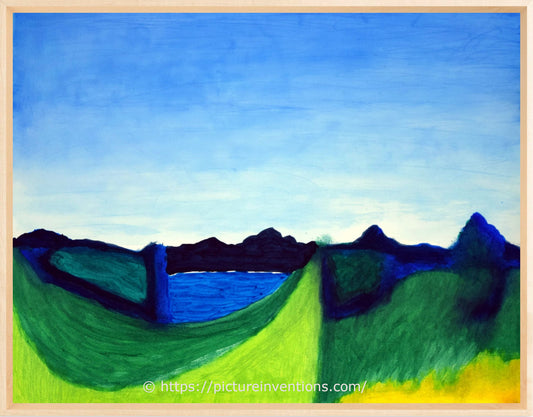 Painting of a landscape with green fields, a blue lake, and mountains under a blue sky.