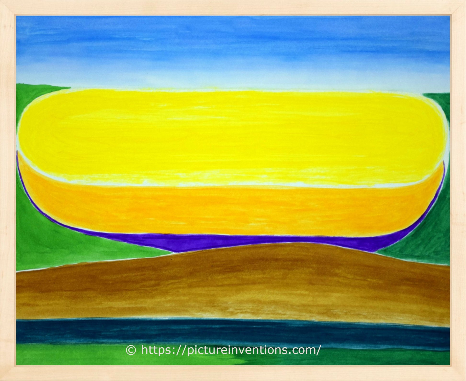 Abstract artwork with a large yellow shape on a green field, blue sky, and brown ground.