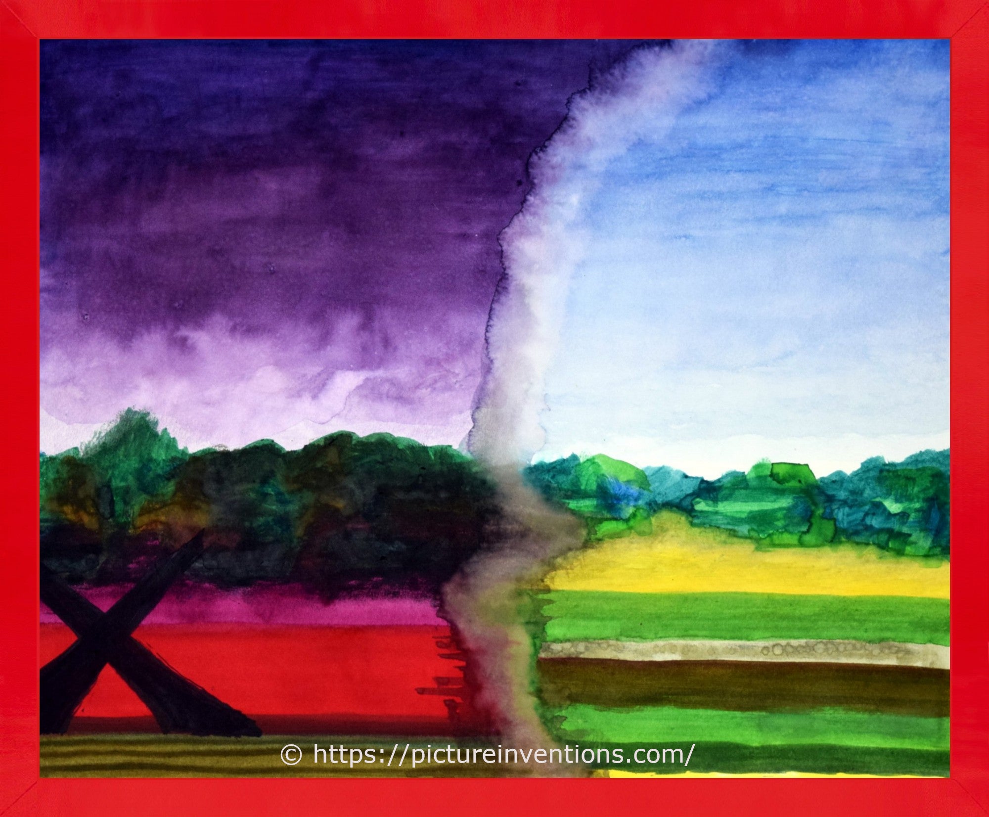 Two contrasting landscapes, before the storm and after, in one watercolor print with red frame.