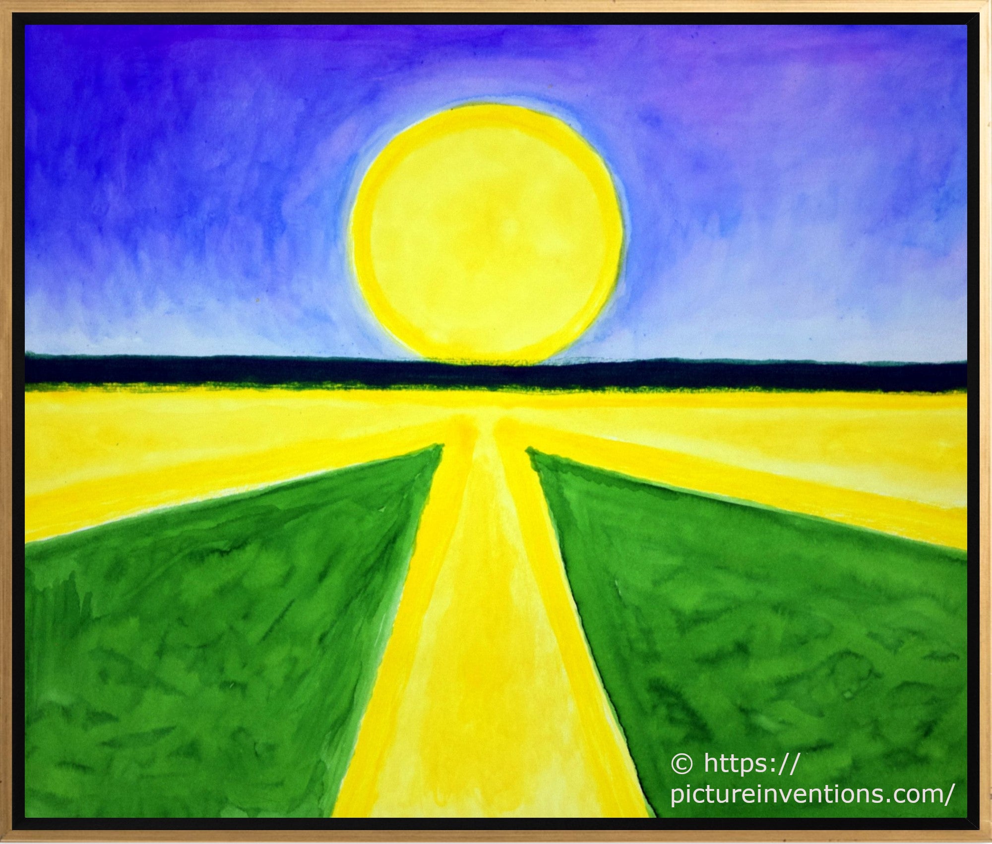 A watercolor painting of a landscape with the sun shining a path of yellow toward the viewer making the shape of an ankh.