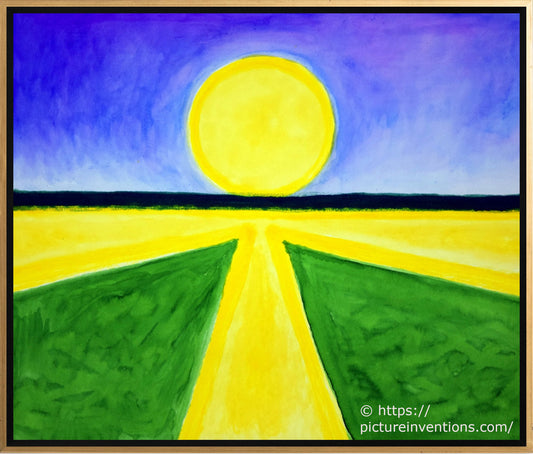A watercolor painting of a landscape with the sun shining a path of yellow toward the viewer making the shape of an ankh.