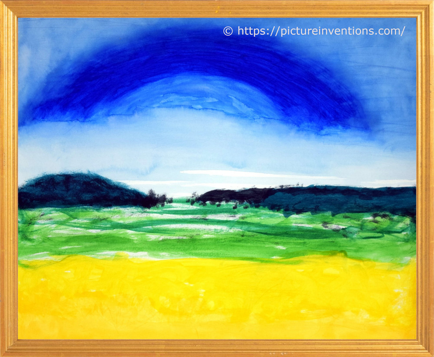 Colorful landscape painting with blue sky, green fields, and yellow foreground in a gold frame.