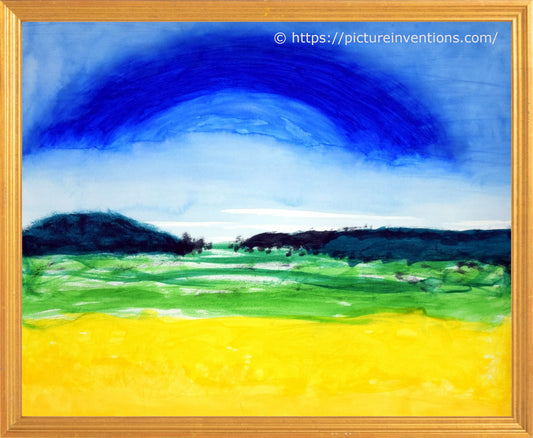 Colorful landscape painting with blue sky, green fields, and yellow foreground in a gold frame.