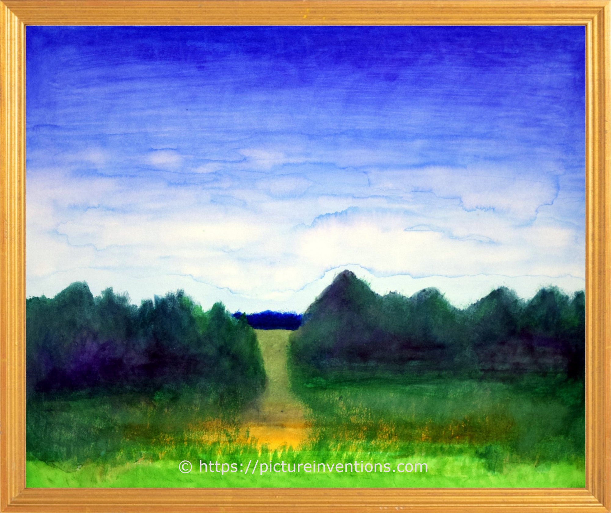 Painting of a landscape with a path leading to trees under a blue sky.