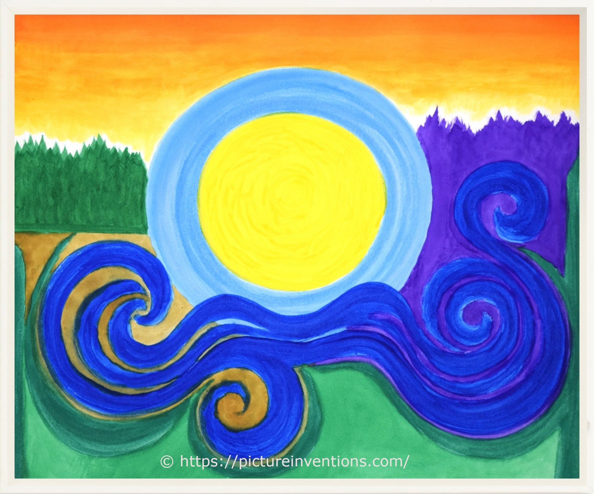 An abstract landscape watercolor painting with a central sun symbol and a distinctive blue swirl accented by an orange sky. 