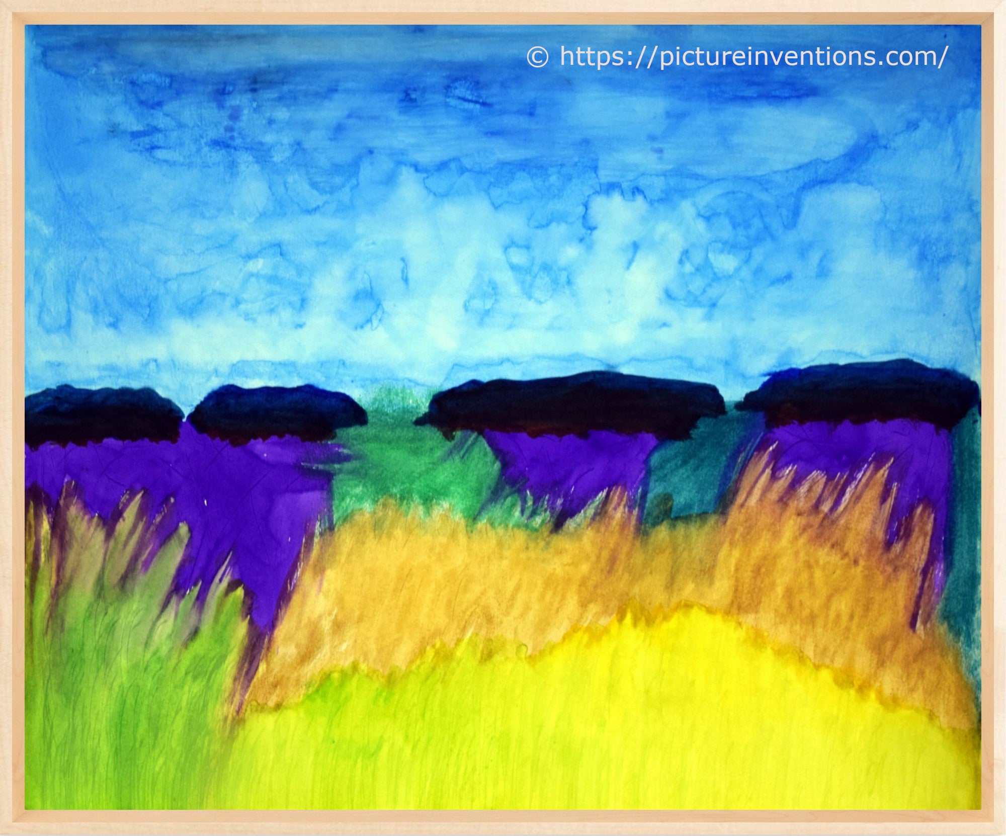 Colorful abstract landscape with blue sky, green grass, and purple and yellow water elements.