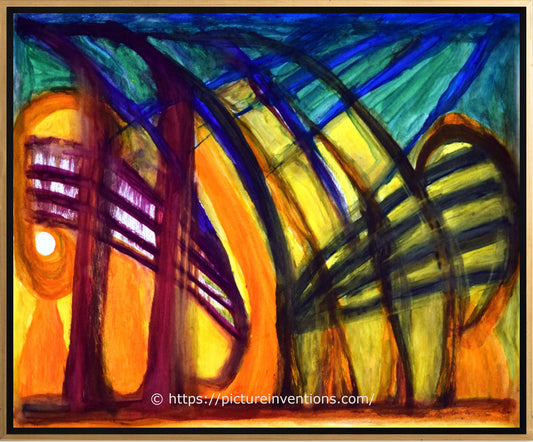An abstract watercolor painting in orange, yellow, blue, and green. References musical symbols, sound, and rhythm.