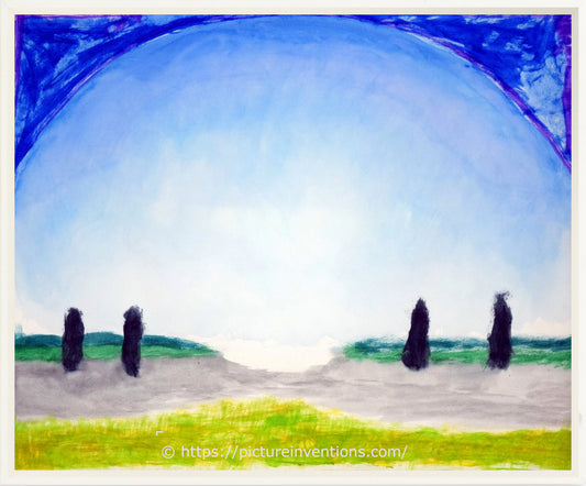 A watercolor landscape painting showing four distant silhouettes outlined by light blue background.