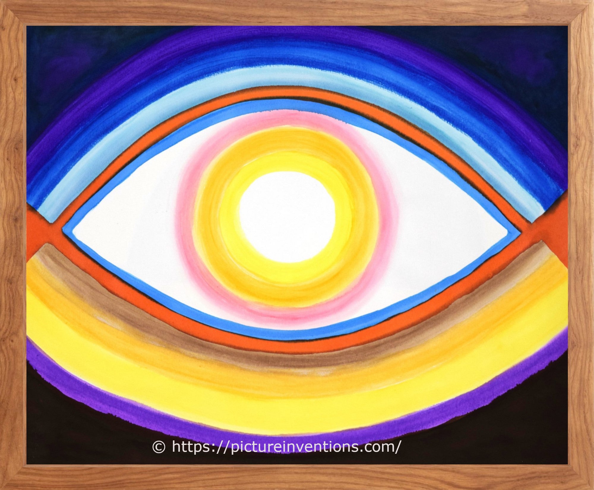 Colorful abstract design of a bright white, yellow, and pink eye surrounded by vibrant orange, yellow, and blue with a walnut wood frame.