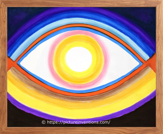 Colorful abstract design of a bright white, yellow, and pink eye surrounded by vibrant orange, yellow, and blue with a walnut wood frame.