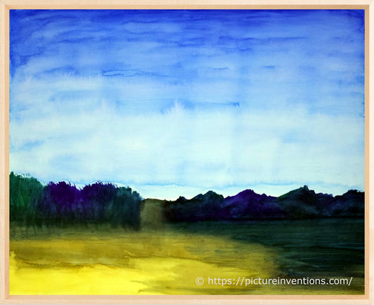 Painting of a sand colored lake shore with dark trees in twilight.