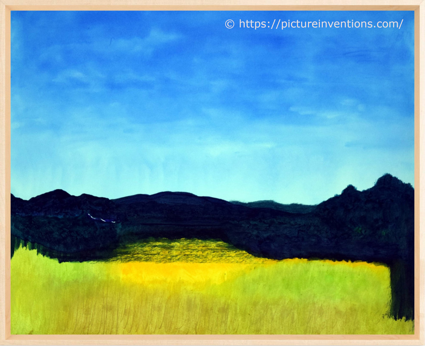 Painting of a landscape with bright green and orange fields surrounded by dark hills and trees under a blue sky.