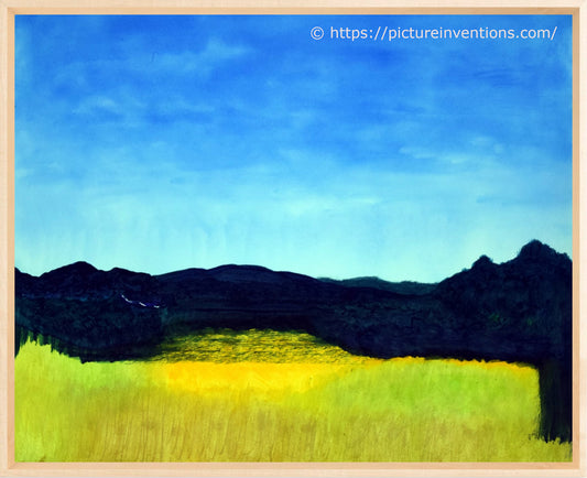 Painting of a landscape with bright green and orange fields surrounded by dark hills and trees under a blue sky.