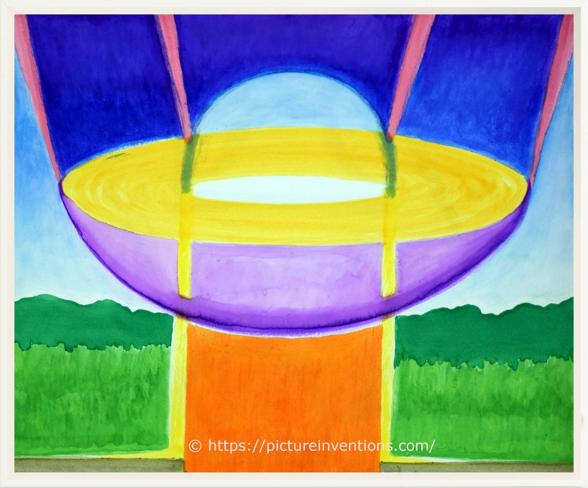 Watercolor painting of a flying saucer in a landscape in bright cheerful colors including yellow, blue, pink, lavender, and red.