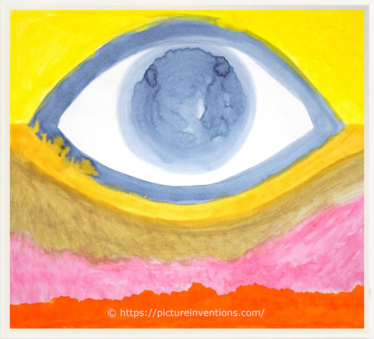 Colorful abstract painting of an eye with a yellow background