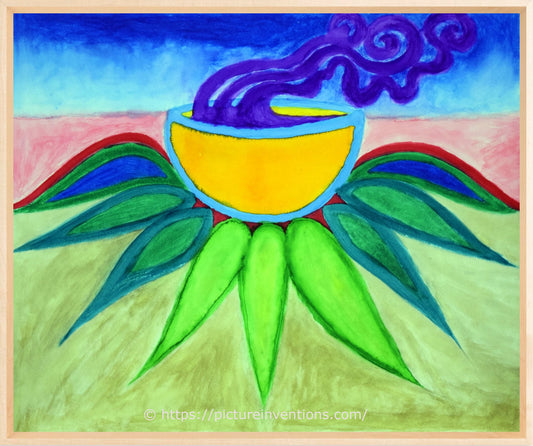 Colorful abstract painting of a yellow cup with purple steam and green leaves.