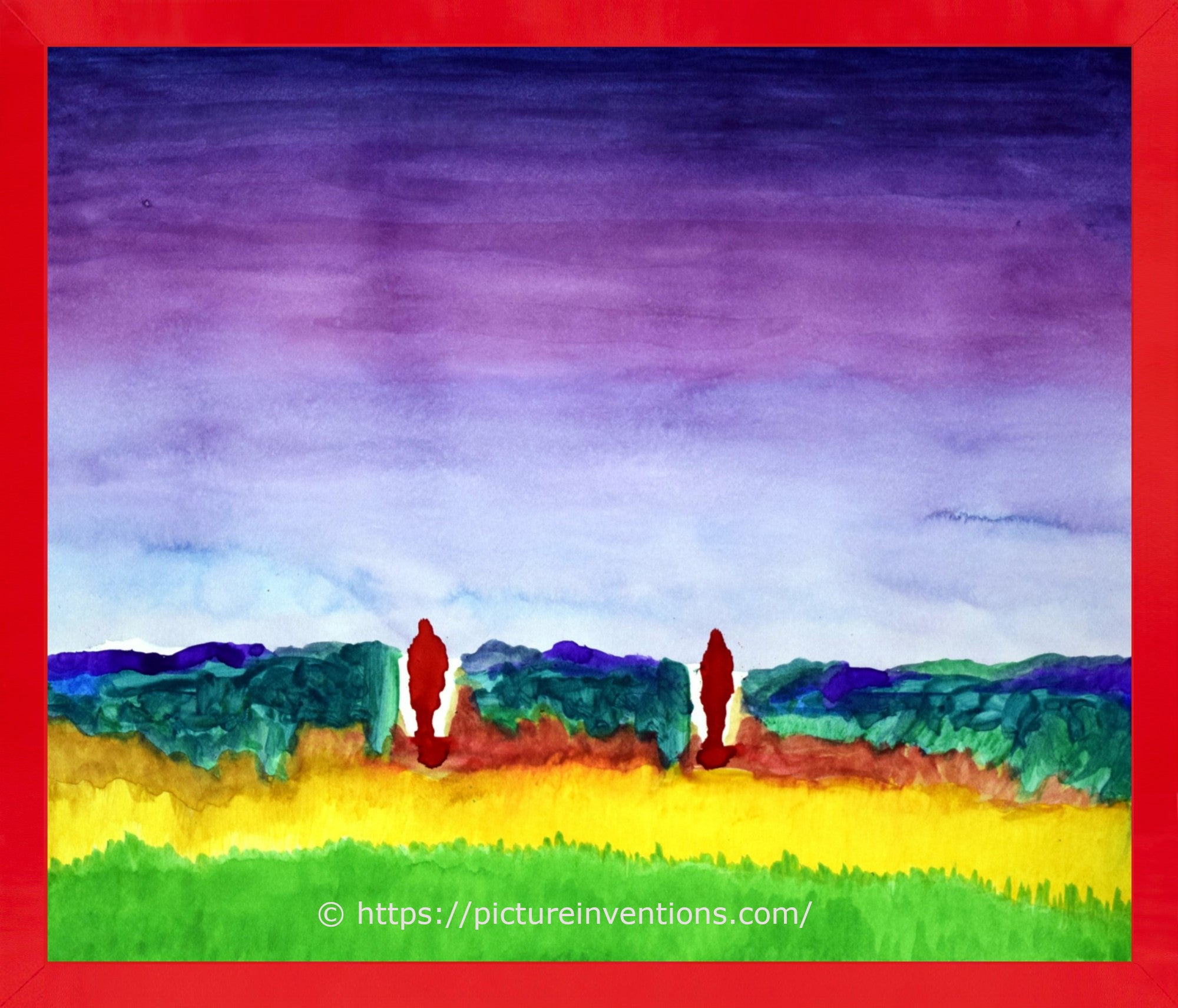 Colorful landscape painting with two red figures and a blue sky, framed in red.